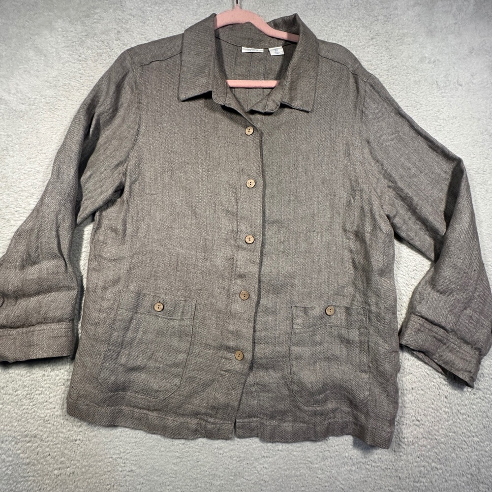 Sigrid Olsen Linen Button Down Shirt Womens Large Grey Pocket Lagenlook Coastal